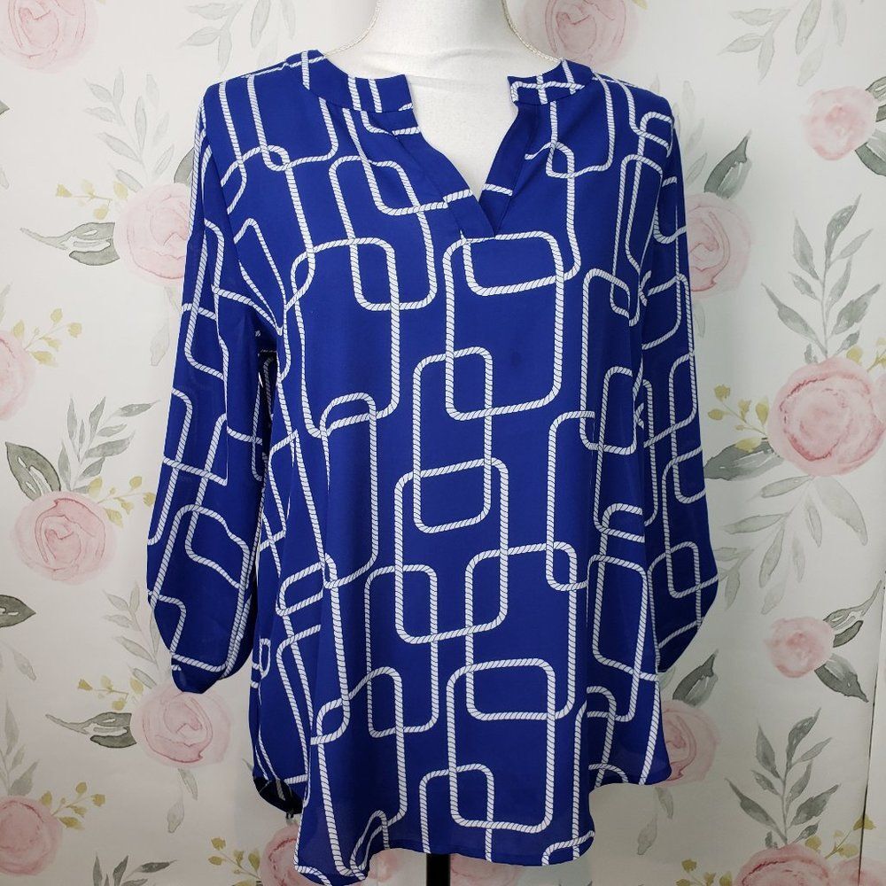 CUTE Nautical Blue Hi-Low Top V Neck Blouse womens S small NEW